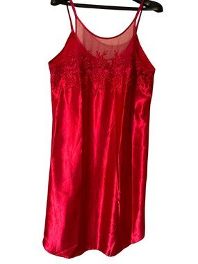 Red Satin Lace Trim Nightgown Slip Chemise Sheer Embroidered Lingerie Large